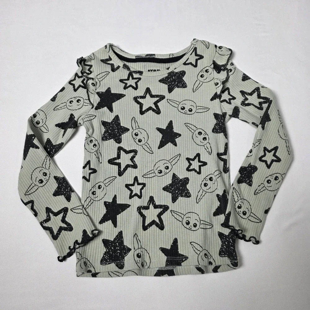 Star‎ Wars Grogu Long Sleeve Shirt Kids 5T Desert Sage Green Ribbed Ruffle Star